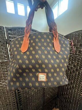 Dooney & Bourke Brown & Tan Monogram Tote with Braided Handles